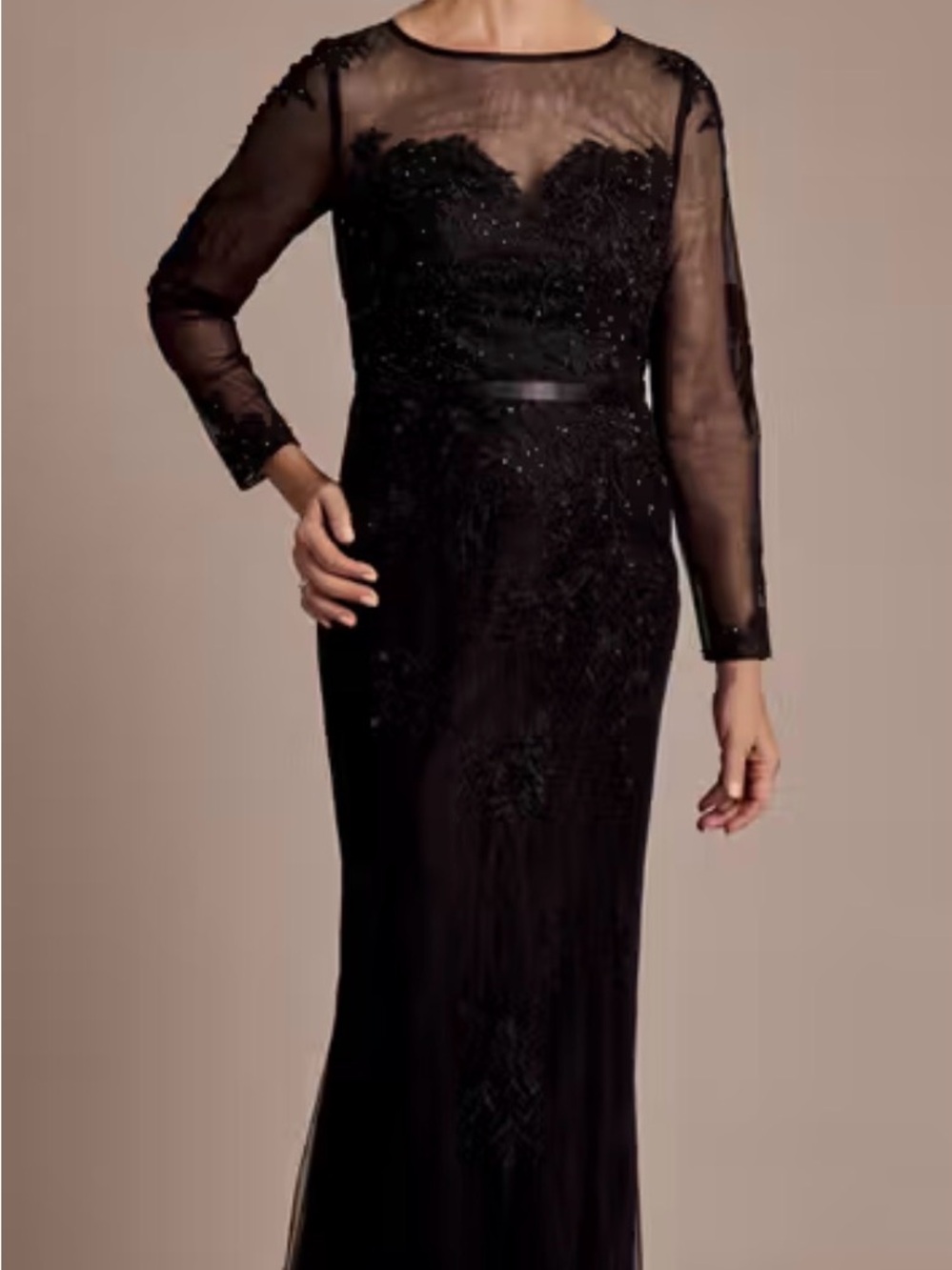 Oleg Cassini Black Sheer Long Sleeve Beaded Evening Gown